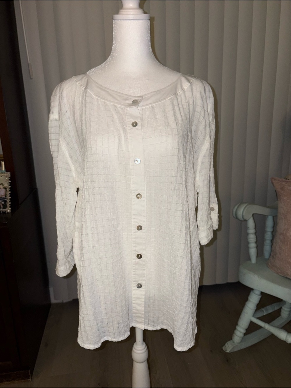 Eileen Fisher White Button-Front Textured Gauze Shirt